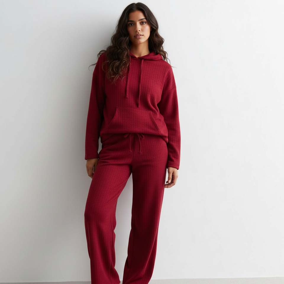 Woman wearing a red hoodie and pants against a white background