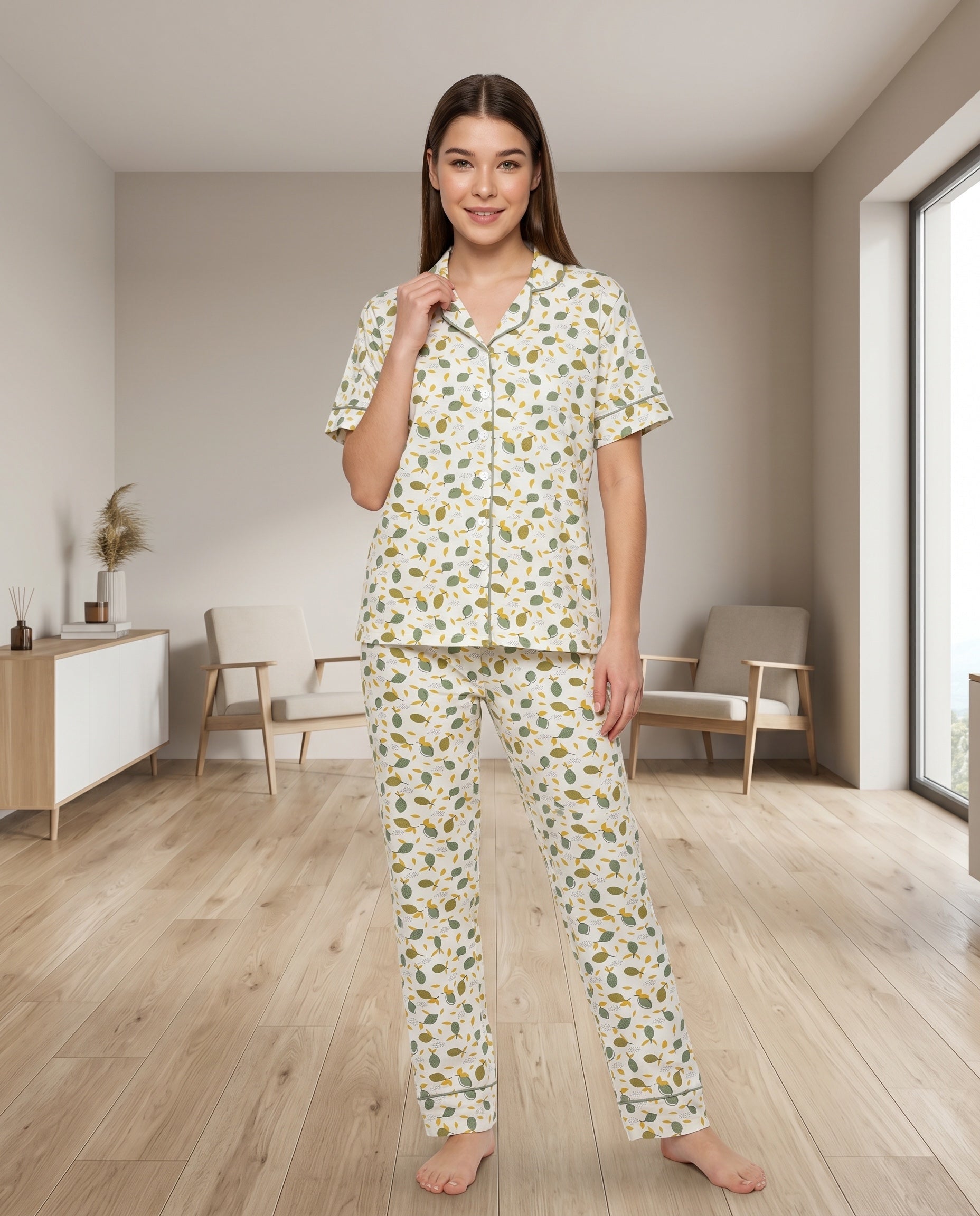 Soft Leaf Print Pajama Set